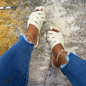 Summer Leather Flat Beach Slides Outdoor Casual Women Slippers