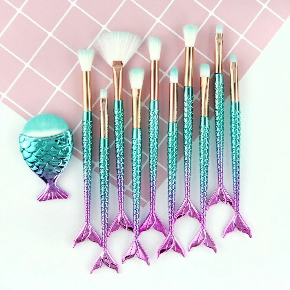 11pcs mermaid-gradient blue with fan-shaped makeup brush