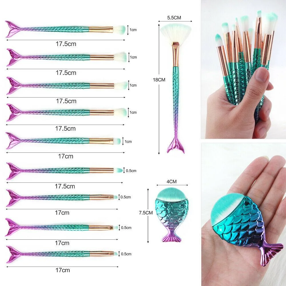 11pcs mermaid-gradient blue with fan-shaped makeup brush