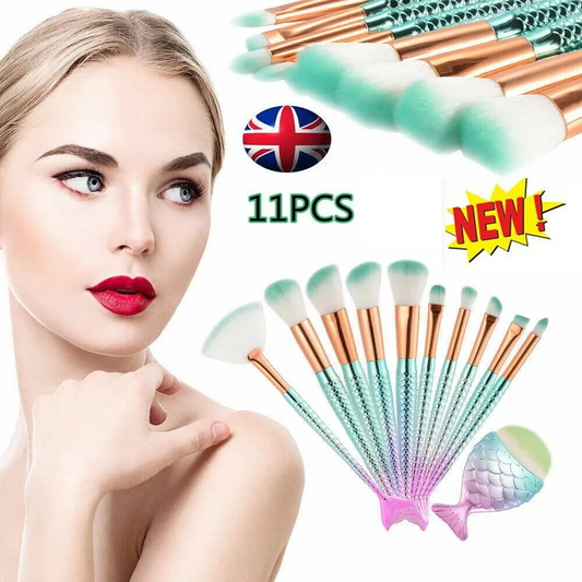 11pcs mermaid-gradient blue with fan-shaped makeup brush