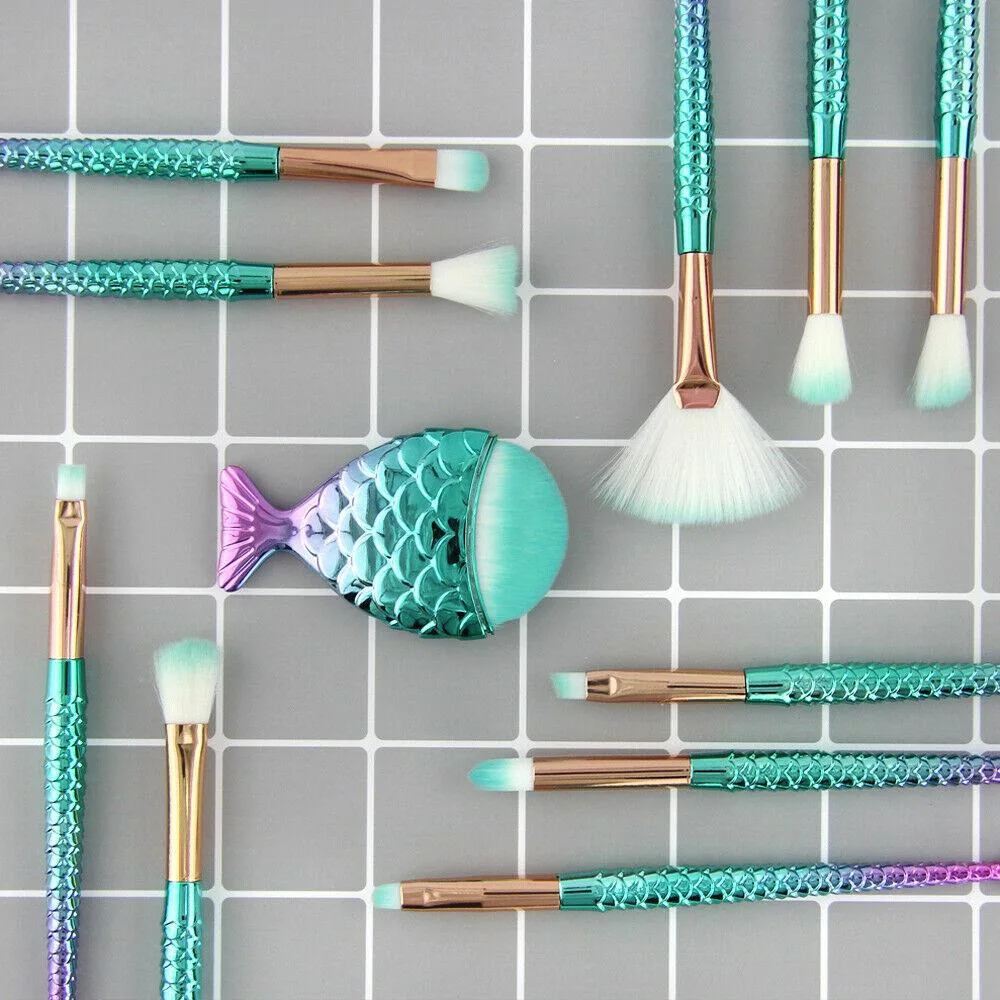 11pcs mermaid-gradient blue with fan-shaped makeup brush