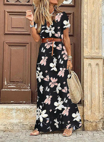 Boho Vintage Paisley Print V Neck Short Sleeve Beach Maxi Dress