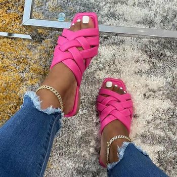 Summer Leather Flat Beach Slides Outdoor Casual Women Slippers