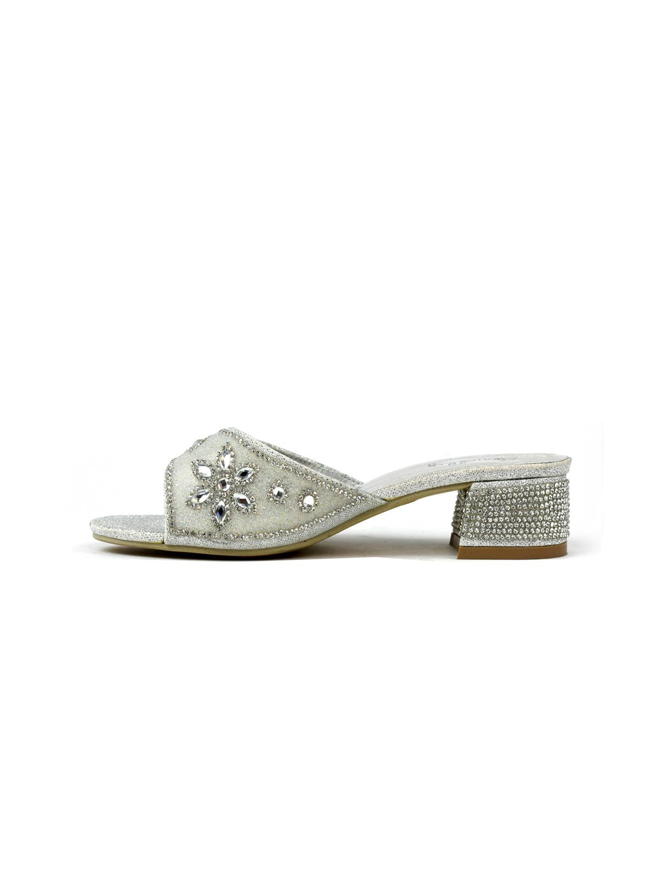 Flower Stone Diamante Block Heel Silver