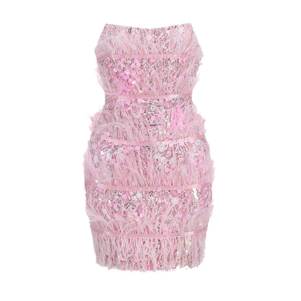 Party Fashion High-end Barbie Pink Sequin Ostrich Feather Dress