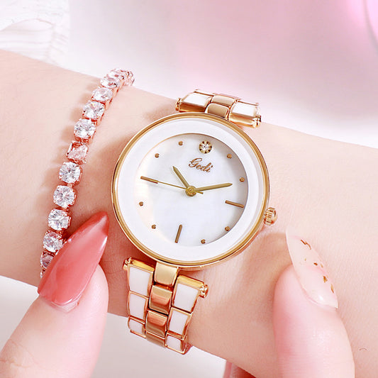 New Elegant Steel Strap Women's Watch Korean Style Trendy Student White Quartz Watch