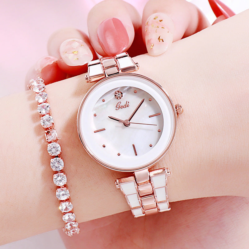 New Elegant Steel Strap Women's Watch Korean Style Trendy Student White Quartz Watch