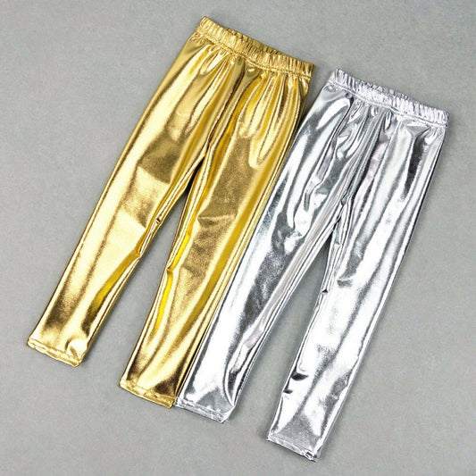 Girls' Fashion Elastic Waist Trim Shiny Hot Gold Pants