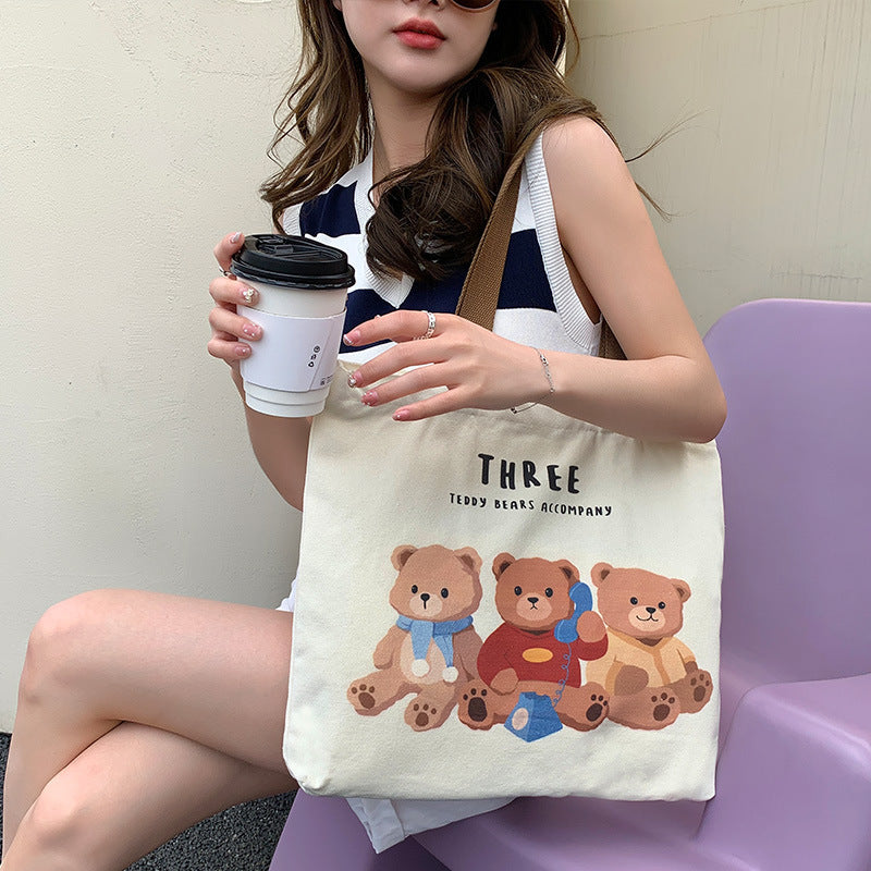 Cute Bear Printed Canvas Bag Women All-match Shoulder Bags Student Large Capacity Daily Handbags