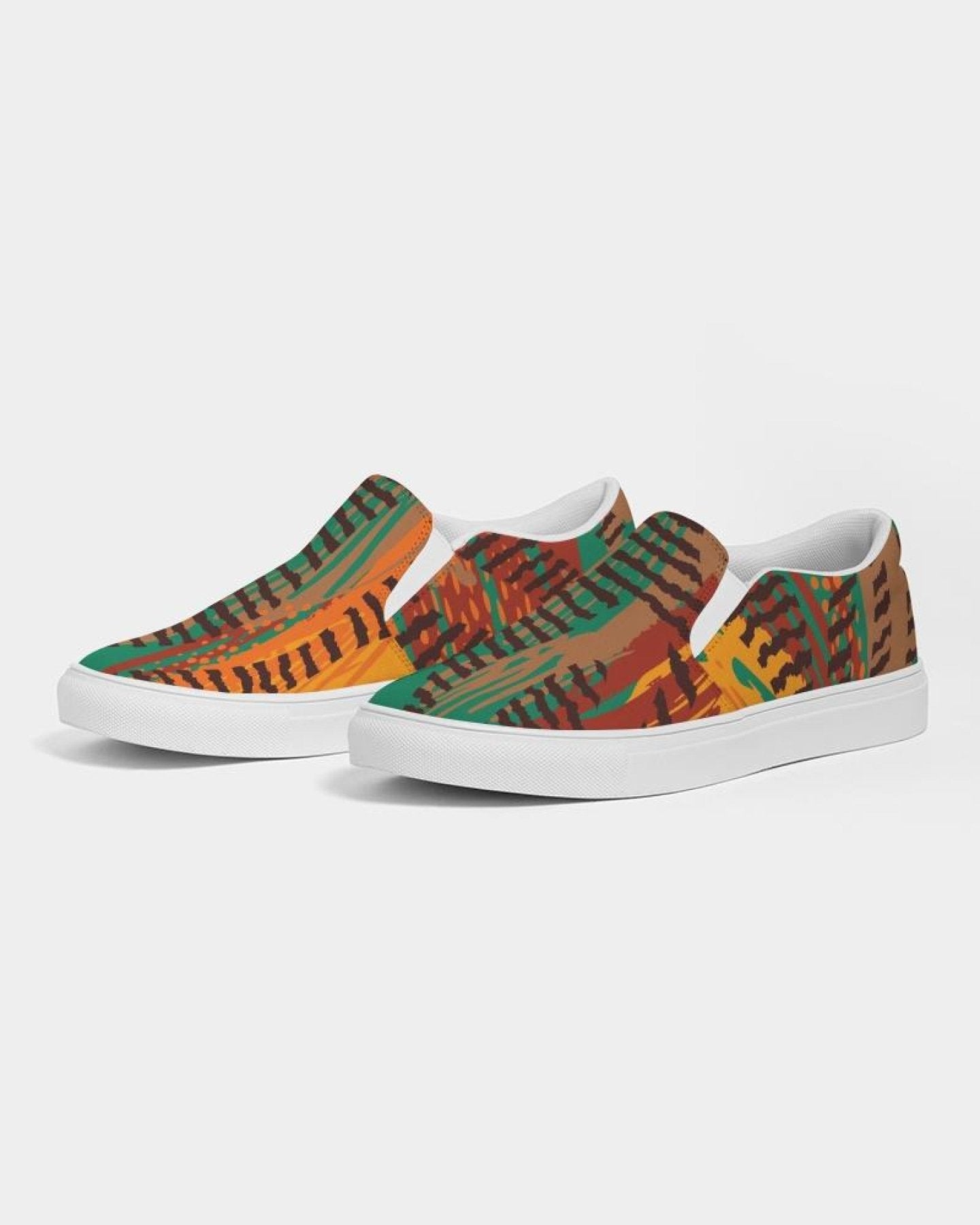 Womens Sneakers - Canvas Slip On Shoes, Brown And Green Print